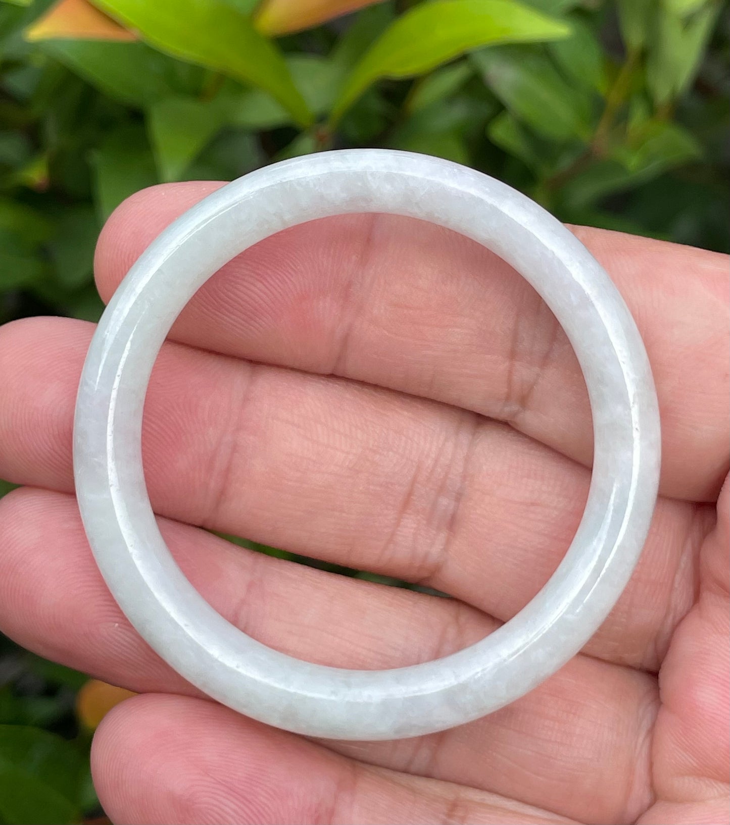 Natural Burmese Jadeite Jade Bangle – Icy Milky White with Apple Green Hues – Princess Cut – 43mm – JB891