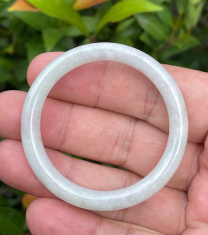 Natural Burmese Jadeite Jade Bangle – Icy Milky White with Apple Green Hues – Princess Cut – 43mm – JB891