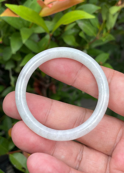 Natural Burmese Jadeite Jade Bangle – Icy Milky White with Apple Green Hues – Princess Cut – 43mm – JB891