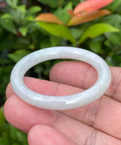 Natural Burmese Jadeite Jade Bangle – Icy Milky White with Apple Green Hues – Princess Cut – 40mm – JB882