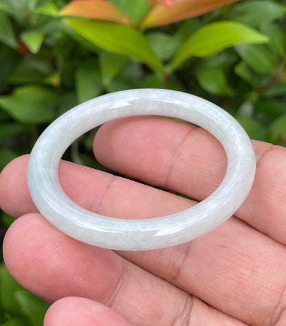 Natural Burmese Jadeite Jade Bangle – Icy Milky White with Apple Green Hues – Princess Cut – 40mm – JB882