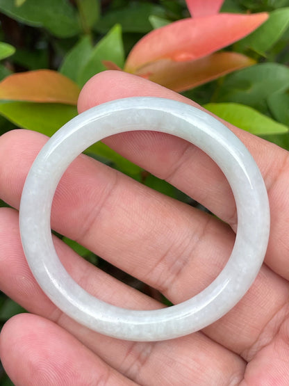 Natural Burmese Jadeite Jade Bangle – Icy Milky White with Apple Green Hues – Princess Cut – 40mm – JB882