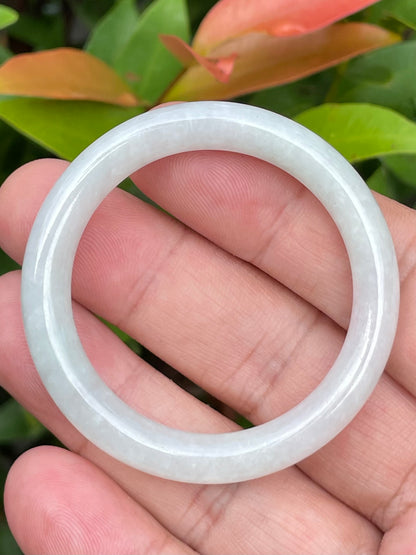 Natural Burmese Jadeite Jade Bangle – Icy Milky White with Apple Green Hues – Princess Cut – 40mm – JB882