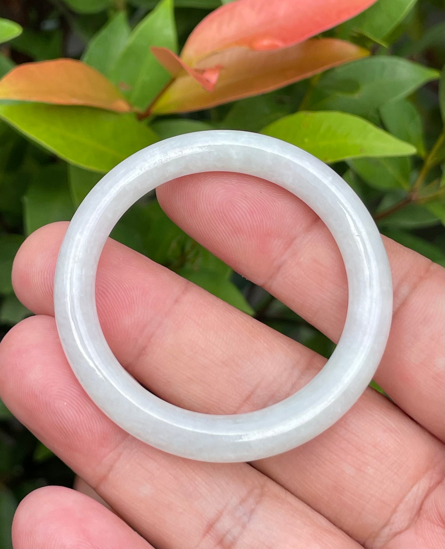 Natural Burmese Jadeite Jade Bangle – Icy Milky White with Apple Green Hues – Princess Cut – 40mm – JB882