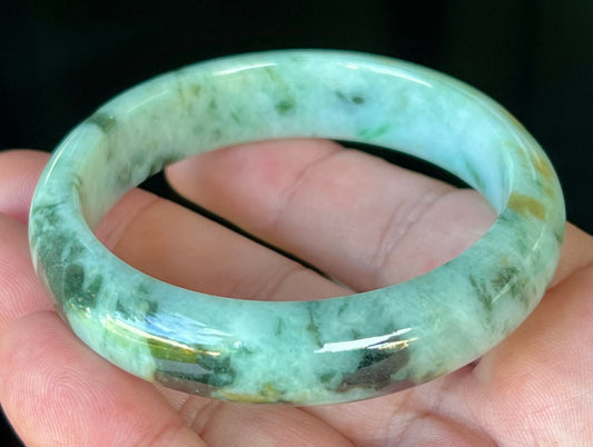 Natural Certified Burmese Jadeite Jade Bangle – Icy Apple & Forest Green with Black and Honey Hues – 55.3mm – JB543
