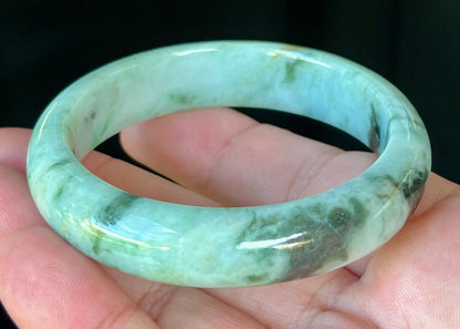 Natural Certified Burmese Jadeite Jade Bangle – Icy Apple & Forest Green with Black and Honey Hues – 55.3mm – JB543