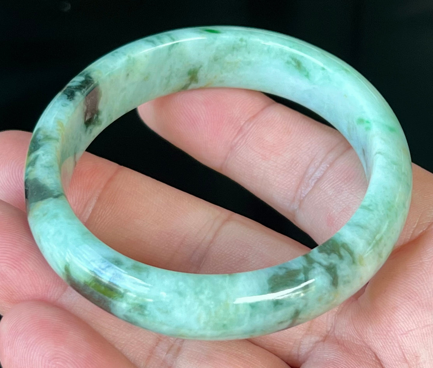 Natural Certified Burmese Jadeite Jade Bangle – Icy Apple & Forest Green with Black and Honey Hues – 55.3mm – JB543
