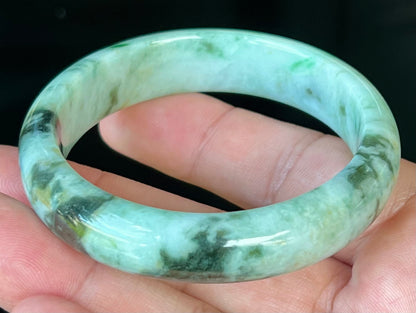 Natural Certified Burmese Jadeite Jade Bangle – Icy Apple & Forest Green with Black and Honey Hues – 55.3mm – JB543