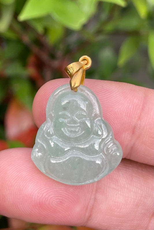 Natural Burmese Jadeite Jade Pendant – Icy Imperial Green – Hand-Carved Happy Buddha Motif – JHB002
