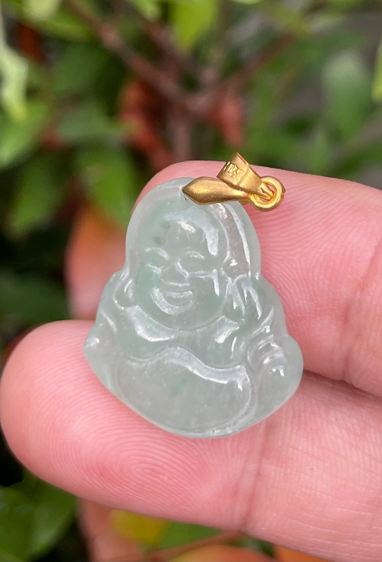 Natural Burmese Jadeite Jade Pendant – Icy Imperial Green – Hand-Carved Happy Buddha Motif – JHB002