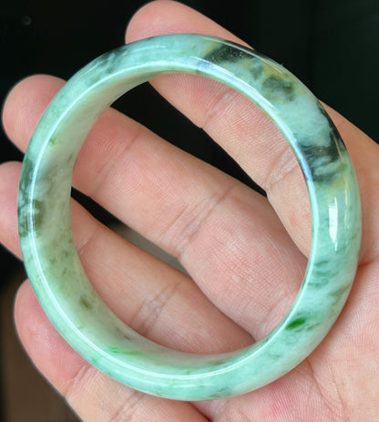 Natural Certified Burmese Jadeite Jade Bangle – Icy Apple & Forest Green with Black and Honey Hues – 55.3mm – JB543
