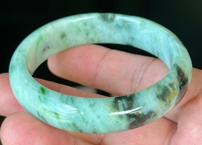 Natural Certified Burmese Jadeite Jade Bangle – Icy Apple & Forest Green with Black and Honey Hues – 55.3mm – JB543