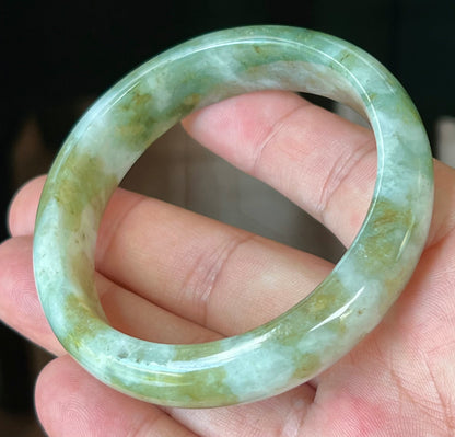 Natural Burmese Jadeite Jade Bangle – Icy Apple and Moss Green with Milky White Hue – 58.8mm – JB544