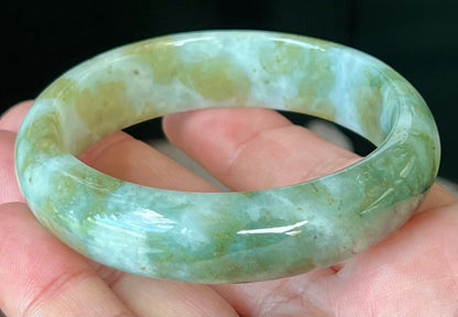 Natural Burmese Jadeite Jade Bangle – Icy Apple and Moss Green with Milky White Hue – 58.8mm – JB544