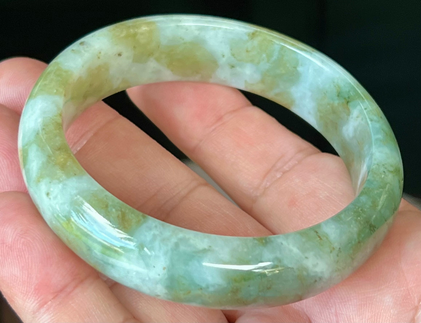 Natural Burmese Jadeite Jade Bangle – Icy Apple and Moss Green with Milky White Hue – 58.8mm – JB544