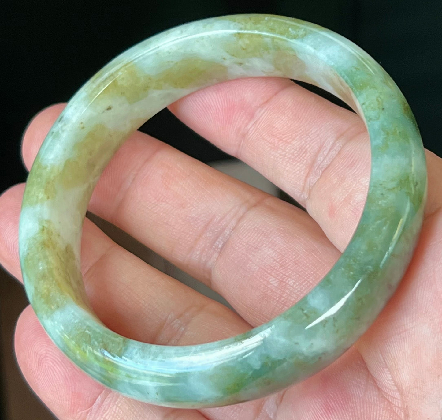 Natural Burmese Jadeite Jade Bangle – Icy Apple and Moss Green with Milky White Hue – 58.8mm – JB544