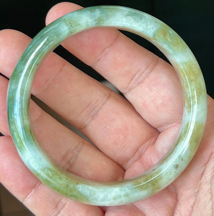 Natural Burmese Jadeite Jade Bangle – Icy Apple and Moss Green with Milky White Hue – 58.8mm – JB544