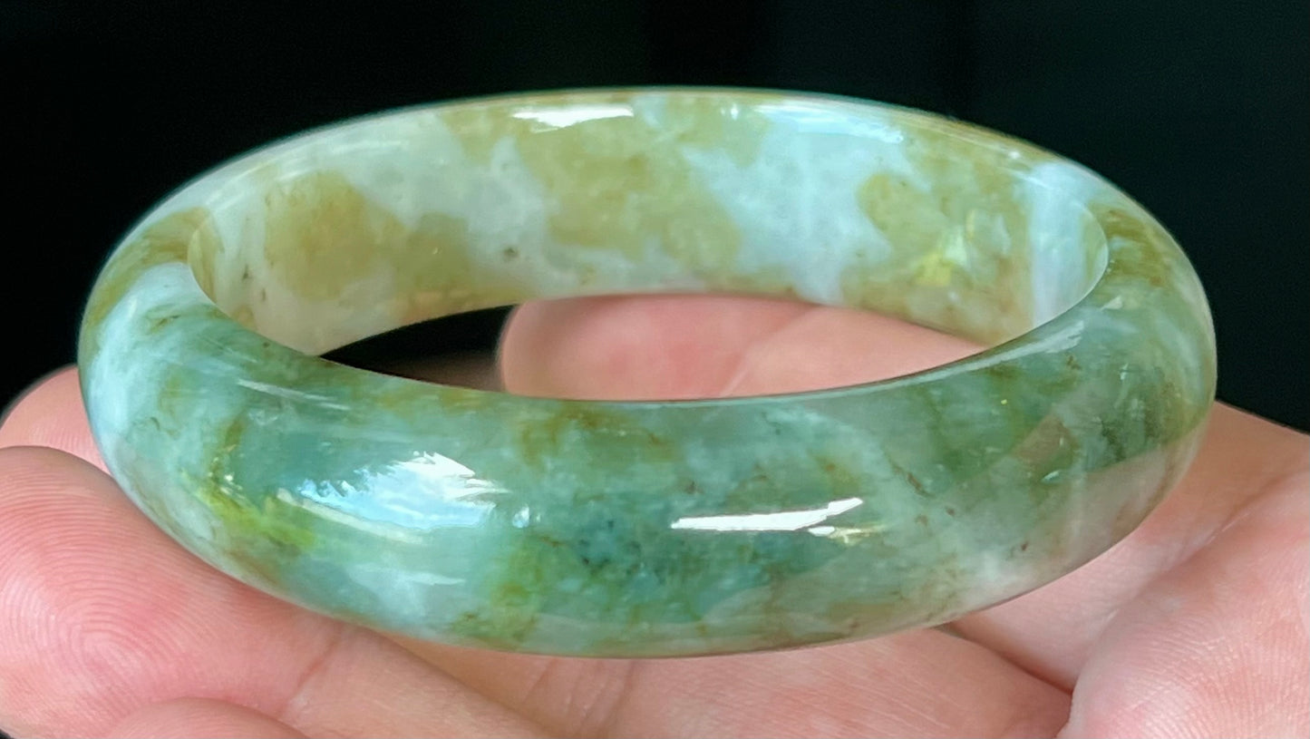 Natural Burmese Jadeite Jade Bangle – Icy Apple and Moss Green with Milky White Hue – 58.8mm – JB544