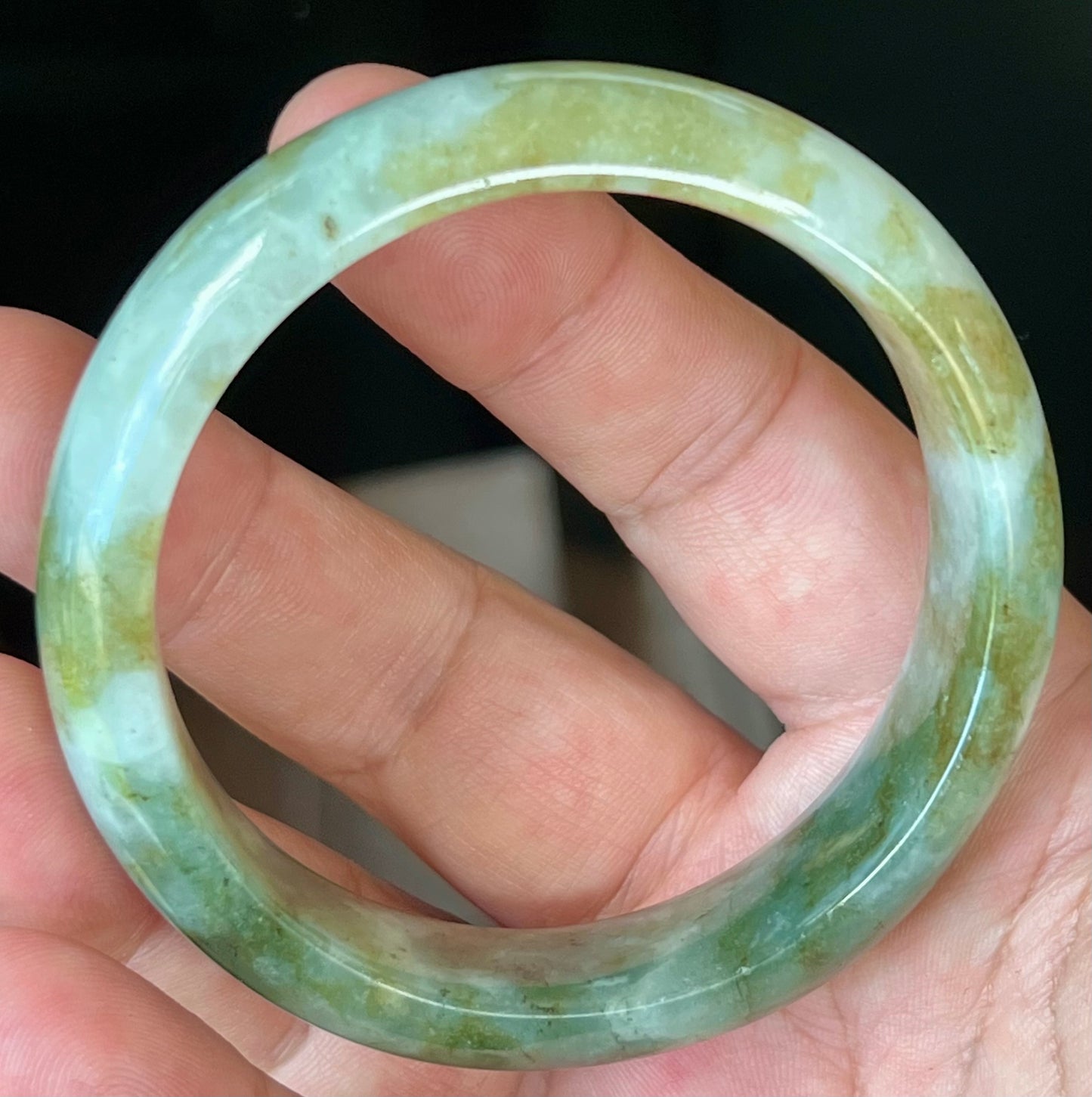 Natural Burmese Jadeite Jade Bangle – Icy Apple and Moss Green with Milky White Hue – 58.8mm – JB544
