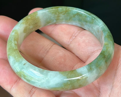 Natural Burmese Jadeite Jade Bangle – Icy Apple and Moss Green with Milky White Hue – 58.8mm – JB544