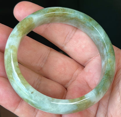 Natural Burmese Jadeite Jade Bangle – Icy Apple and Moss Green with Milky White Hue – 58.8mm – JB544