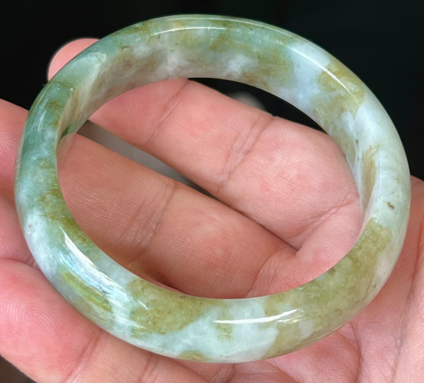 Natural Burmese Jadeite Jade Bangle – Icy Apple and Moss Green with Milky White Hue – 58.8mm – JB544