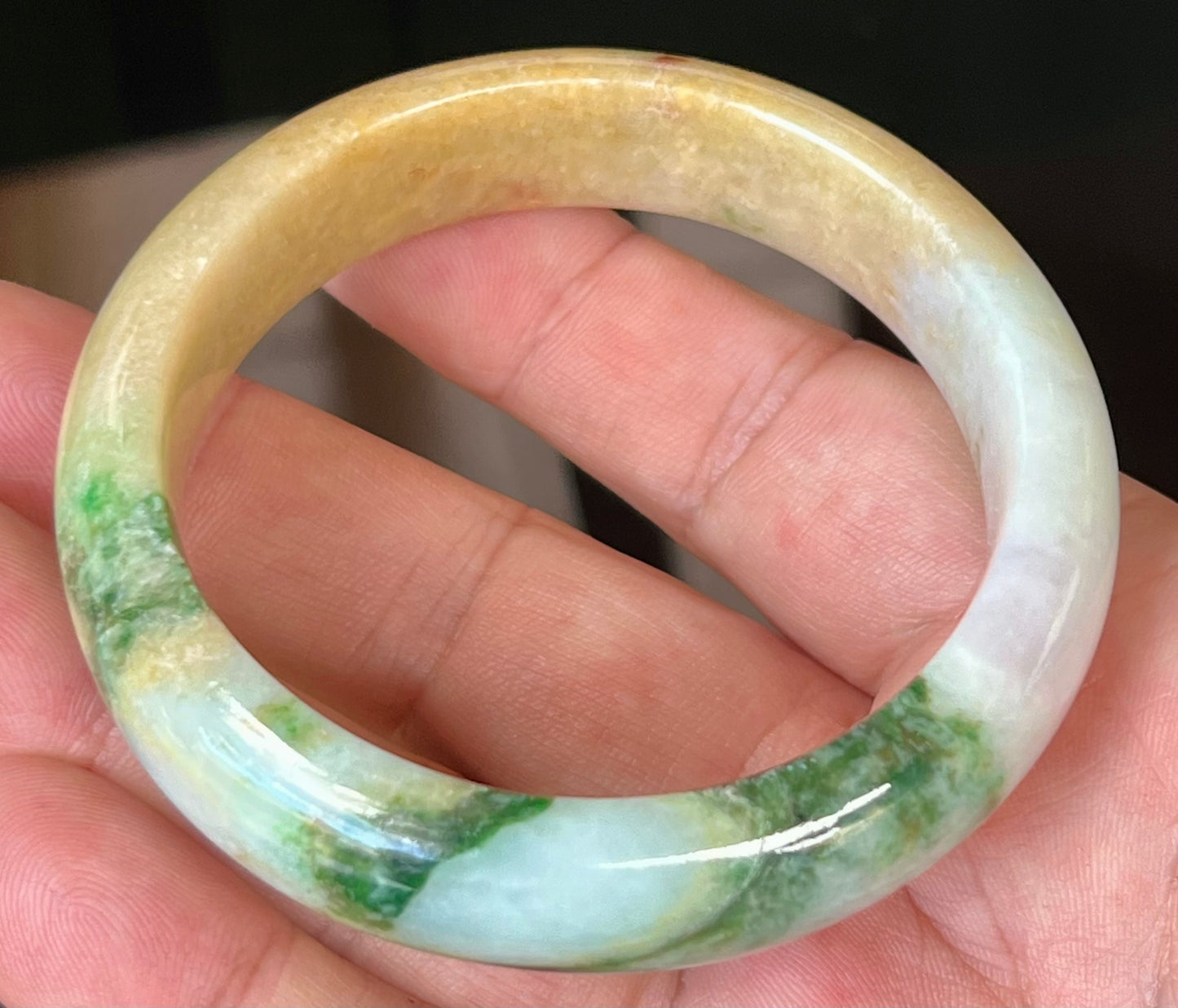 Natural Certified Burmese Jadeite Jade Bangle – Icy Milky White with Imperial Green and Honey Yellow Hues – 58mm – JB545