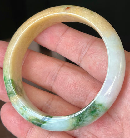 Natural Certified Burmese Jadeite Jade Bangle – Icy Milky White with Imperial Green and Honey Yellow Hues – 58mm – JB545