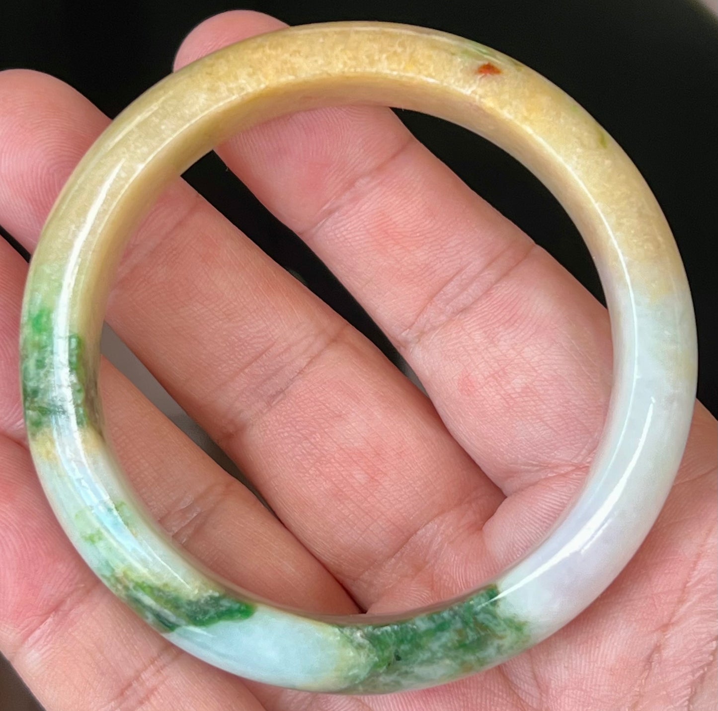 Natural Certified Burmese Jadeite Jade Bangle – Icy Milky White with Imperial Green and Honey Yellow Hues – 58mm – JB545