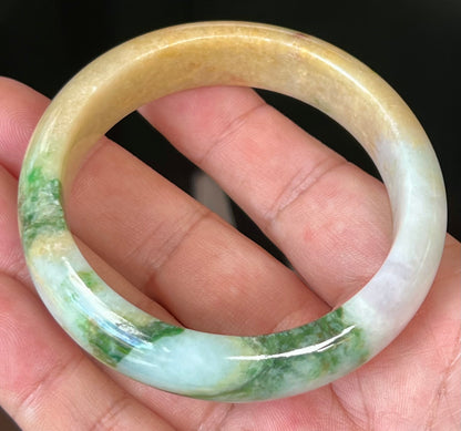Natural Certified Burmese Jadeite Jade Bangle – Icy Milky White with Imperial Green and Honey Yellow Hues – 58mm – JB545