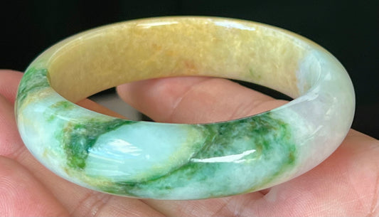 Natural Certified Burmese Jadeite Jade Bangle – Icy Milky White with Imperial Green and Honey Yellow Hues – 58mm – JB545