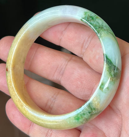 Natural Certified Burmese Jadeite Jade Bangle – Icy Milky White with Imperial Green and Honey Yellow Hues – 58mm – JB545