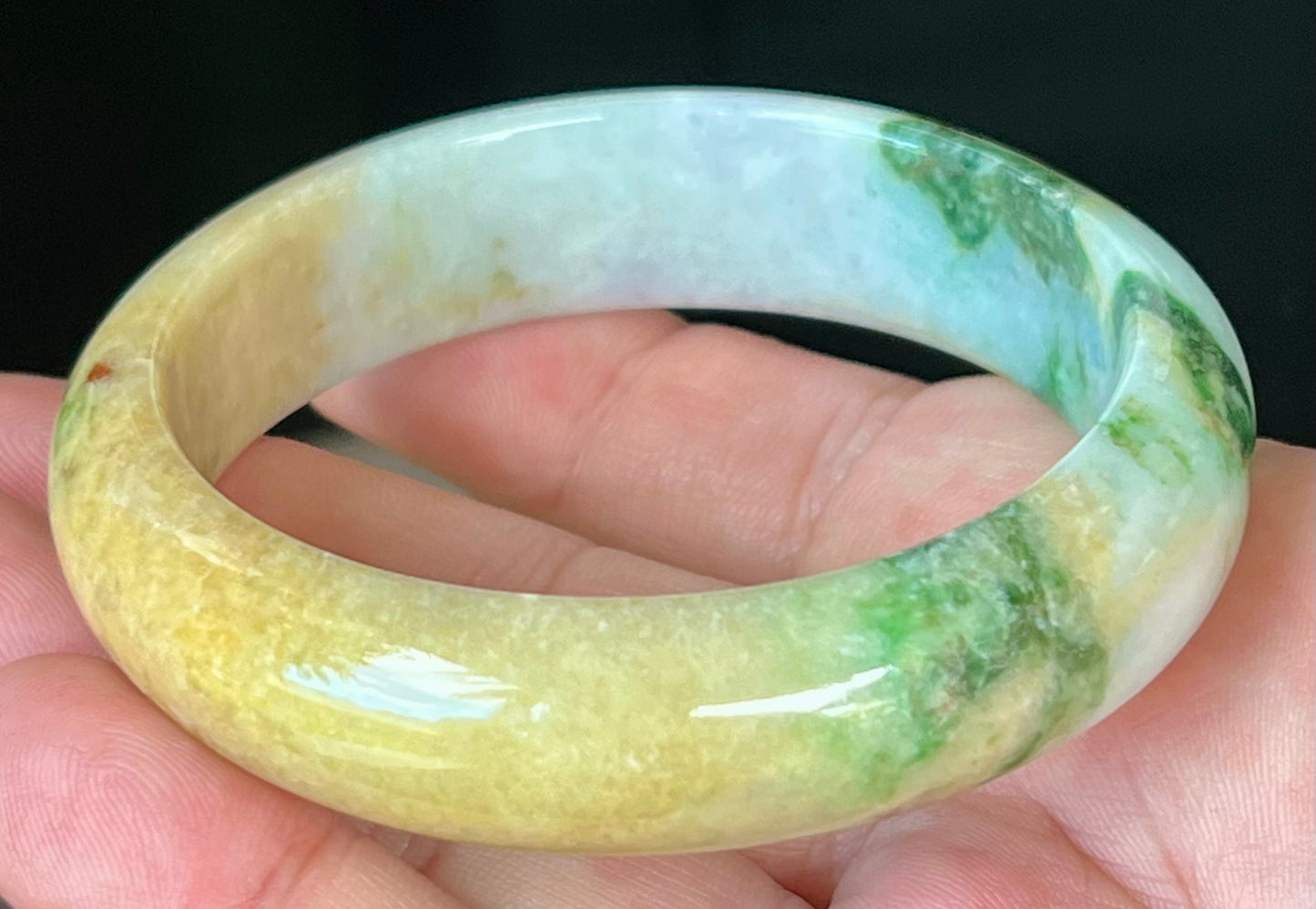Natural Certified Burmese Jadeite Jade Bangle – Icy Milky White with Imperial Green and Honey Yellow Hues – 58mm – JB545