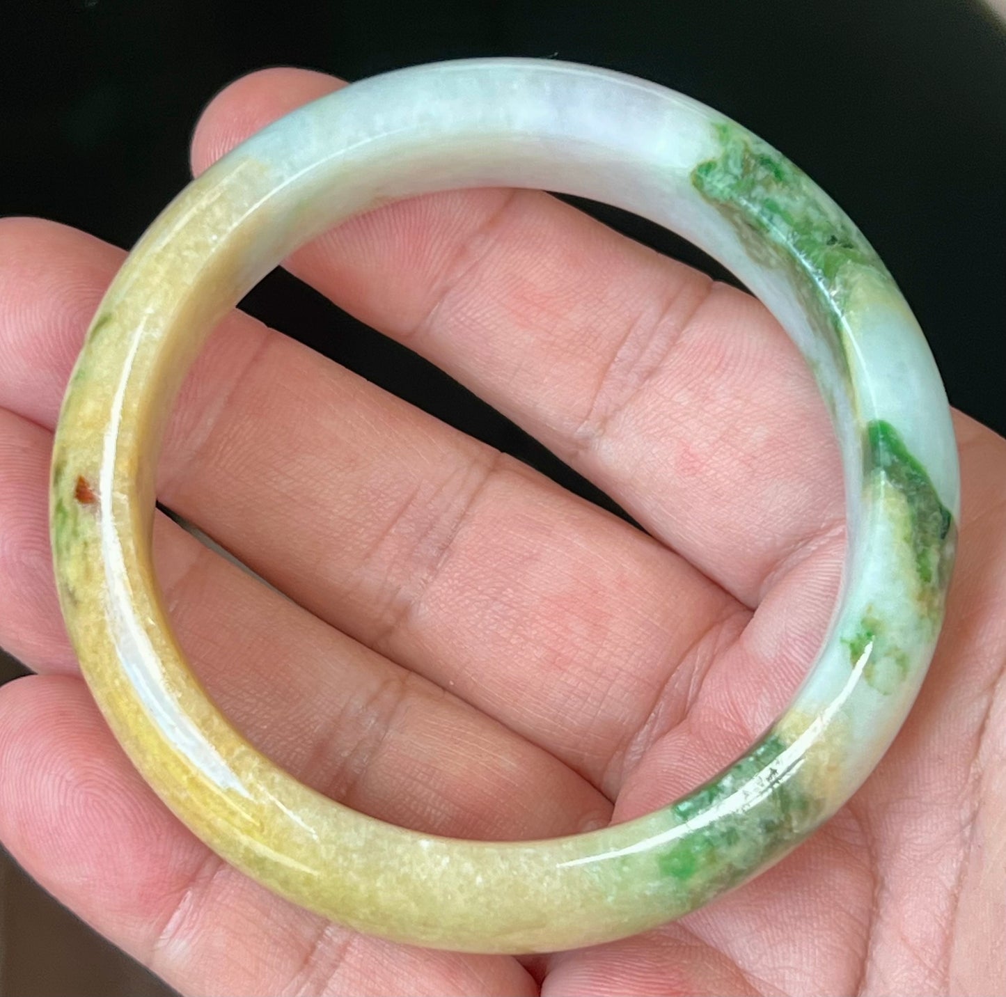 Natural Certified Burmese Jadeite Jade Bangle – Icy Milky White with Imperial Green and Honey Yellow Hues – 58mm – JB545