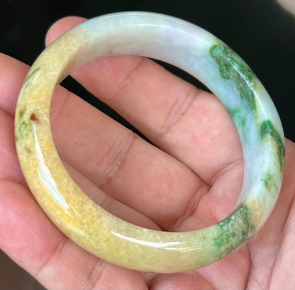 Natural Certified Burmese Jadeite Jade Bangle – Icy Milky White with Imperial Green and Honey Yellow Hues – 58mm – JB545