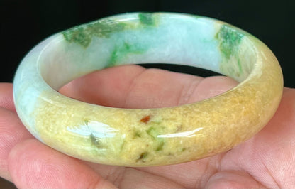 Natural Certified Burmese Jadeite Jade Bangle – Icy Milky White with Imperial Green and Honey Yellow Hues – 58mm – JB545