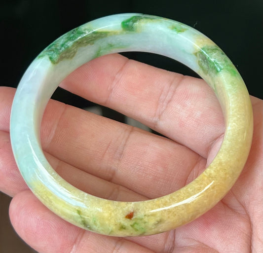 Natural Grade A Certified Burmese Jadeite Jade Bangle – Icy Milky White with Imperial Green and Honey Yellow Hues – 58mm – JB545