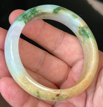 Natural Certified Burmese Jadeite Jade Bangle – Icy Milky White with Imperial Green and Honey Yellow Hues – 58mm – JB545