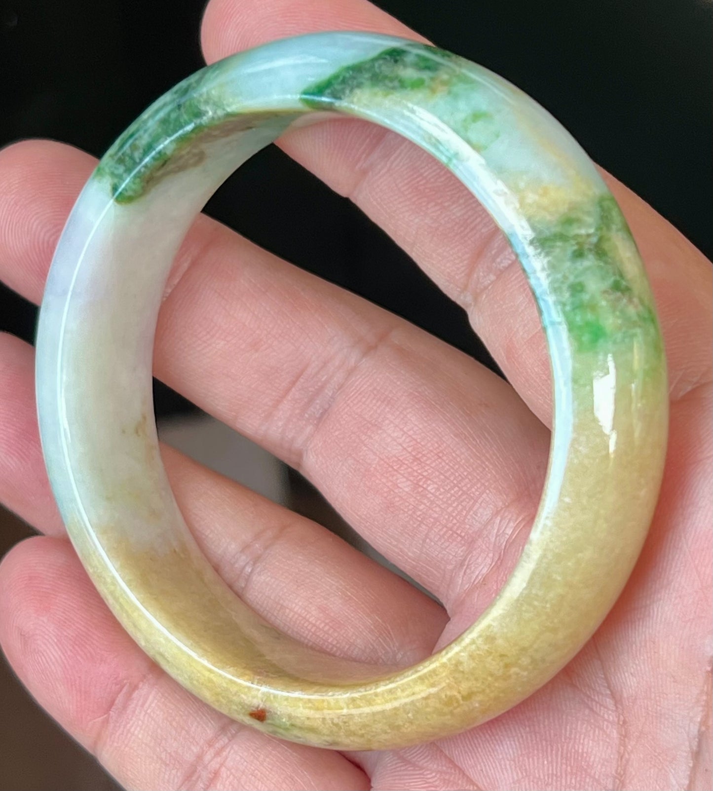 Natural Certified Burmese Jadeite Jade Bangle – Icy Milky White with Imperial Green and Honey Yellow Hues – 58mm – JB545