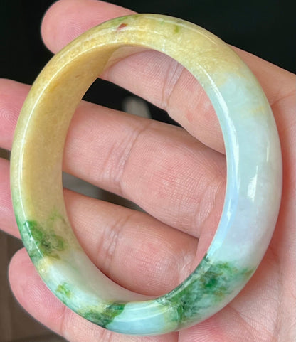 Natural Certified Burmese Jadeite Jade Bangle – Icy Milky White with Imperial Green and Honey Yellow Hues – 58mm – JB545
