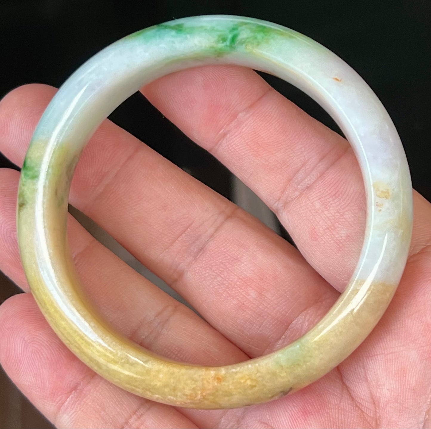 Natural Certified Burmese Jadeite Jade Bangle – Icy Milky White with Imperial Green and Honey Yellow Hues – 58mm – JB545