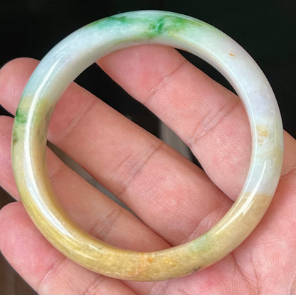 Natural Certified Burmese Jadeite Jade Bangle – Icy Milky White with Imperial Green and Honey Yellow Hues – 58mm – JB545