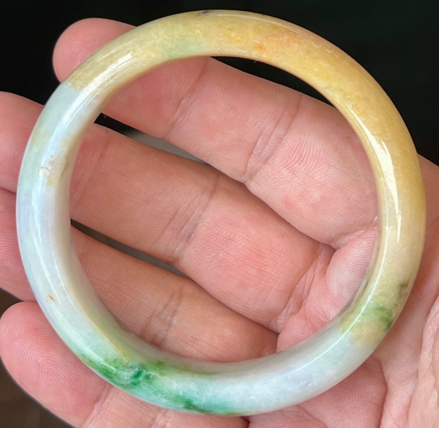 Natural Certified Burmese Jadeite Jade Bangle – Icy Milky White with Imperial Green and Honey Yellow Hues – 58mm – JB545