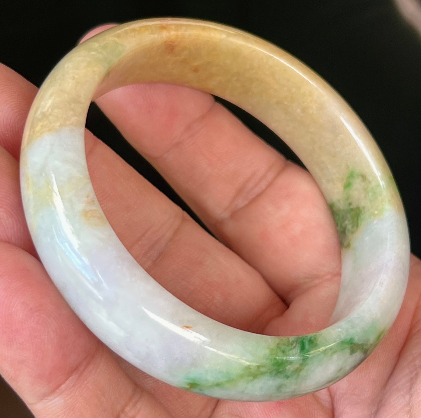 Natural Certified Burmese Jadeite Jade Bangle – Icy Milky White with Imperial Green and Honey Yellow Hues – 58mm – JB545