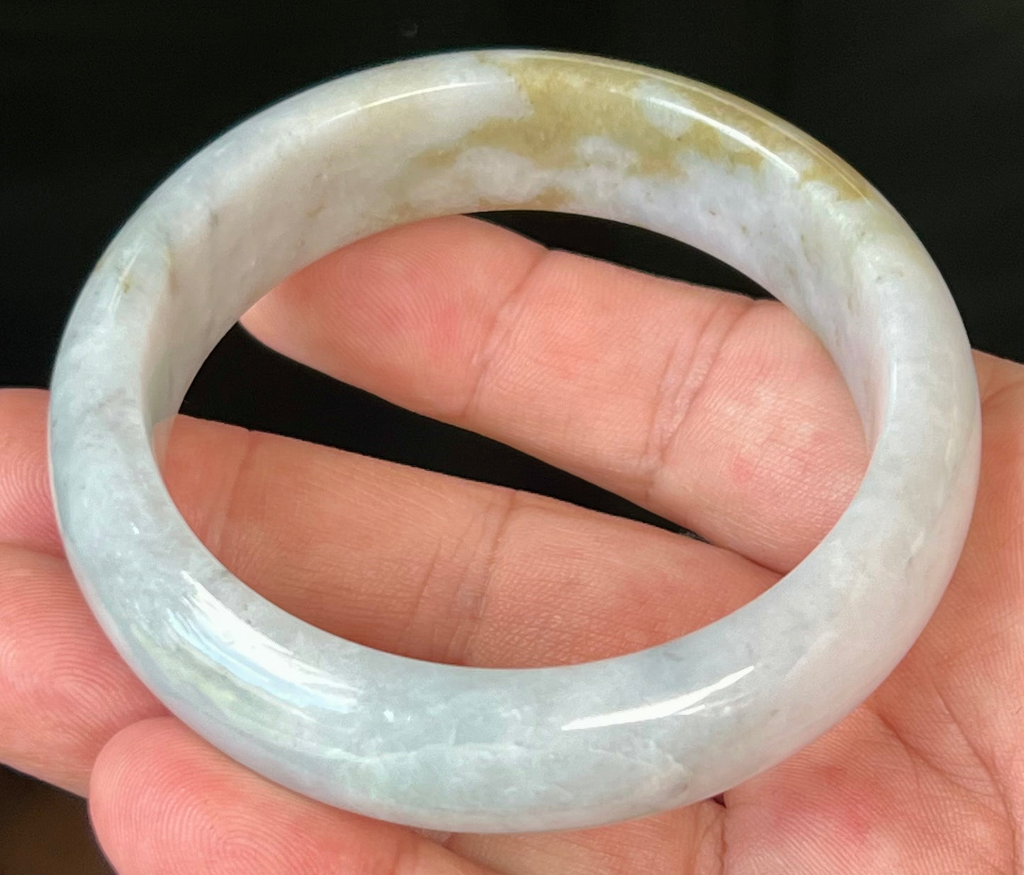 Natural Burmese Jadeite Jade Bangle – Icy Greyish Milky White with Moss Green and Honey Hues – 59mm – JB546