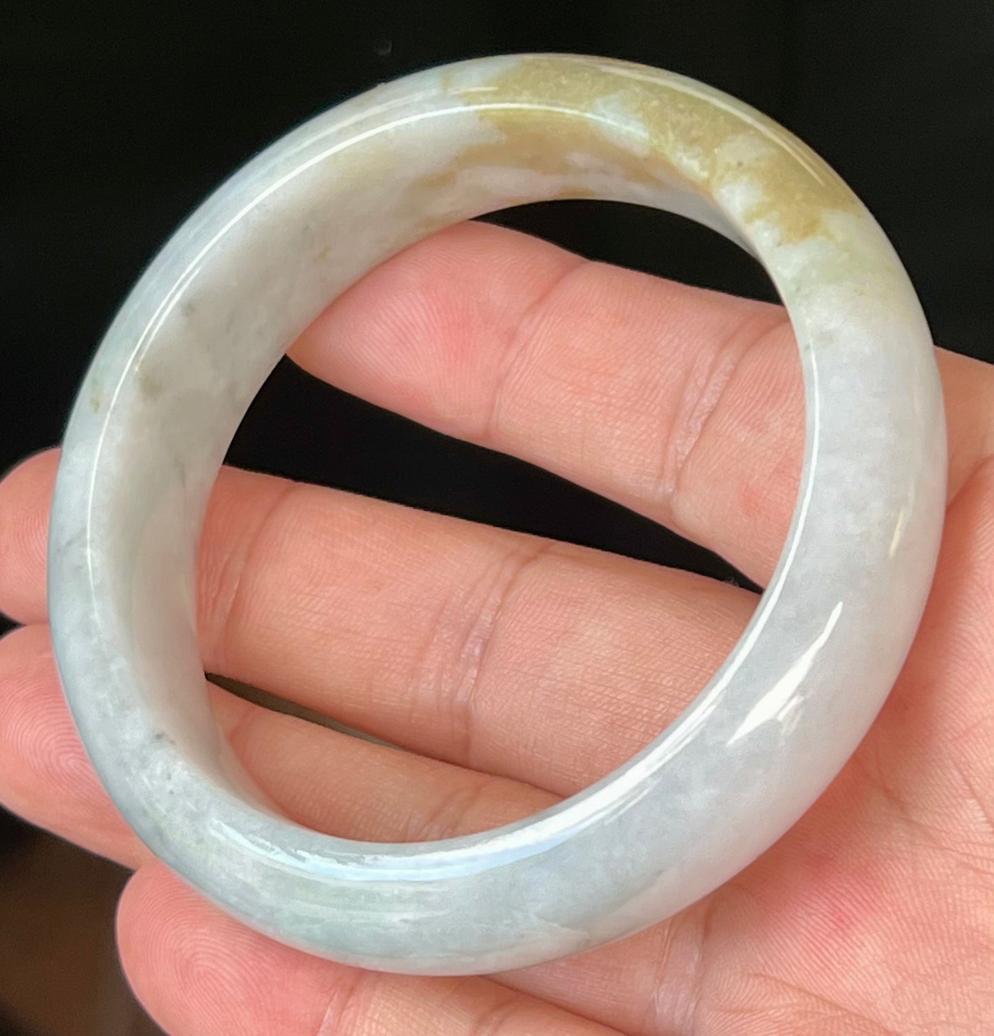 Natural Burmese Jadeite Jade Bangle – Icy Greyish Milky White with Moss Green and Honey Hues – 59mm – JB546