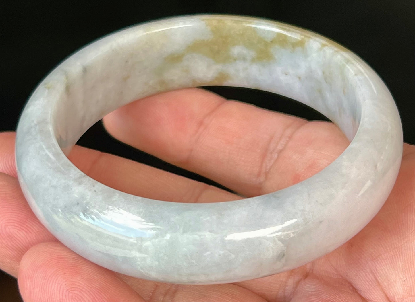 Natural Burmese Jadeite Jade Bangle – Icy Greyish Milky White with Moss Green and Honey Hues – 59mm – JB546