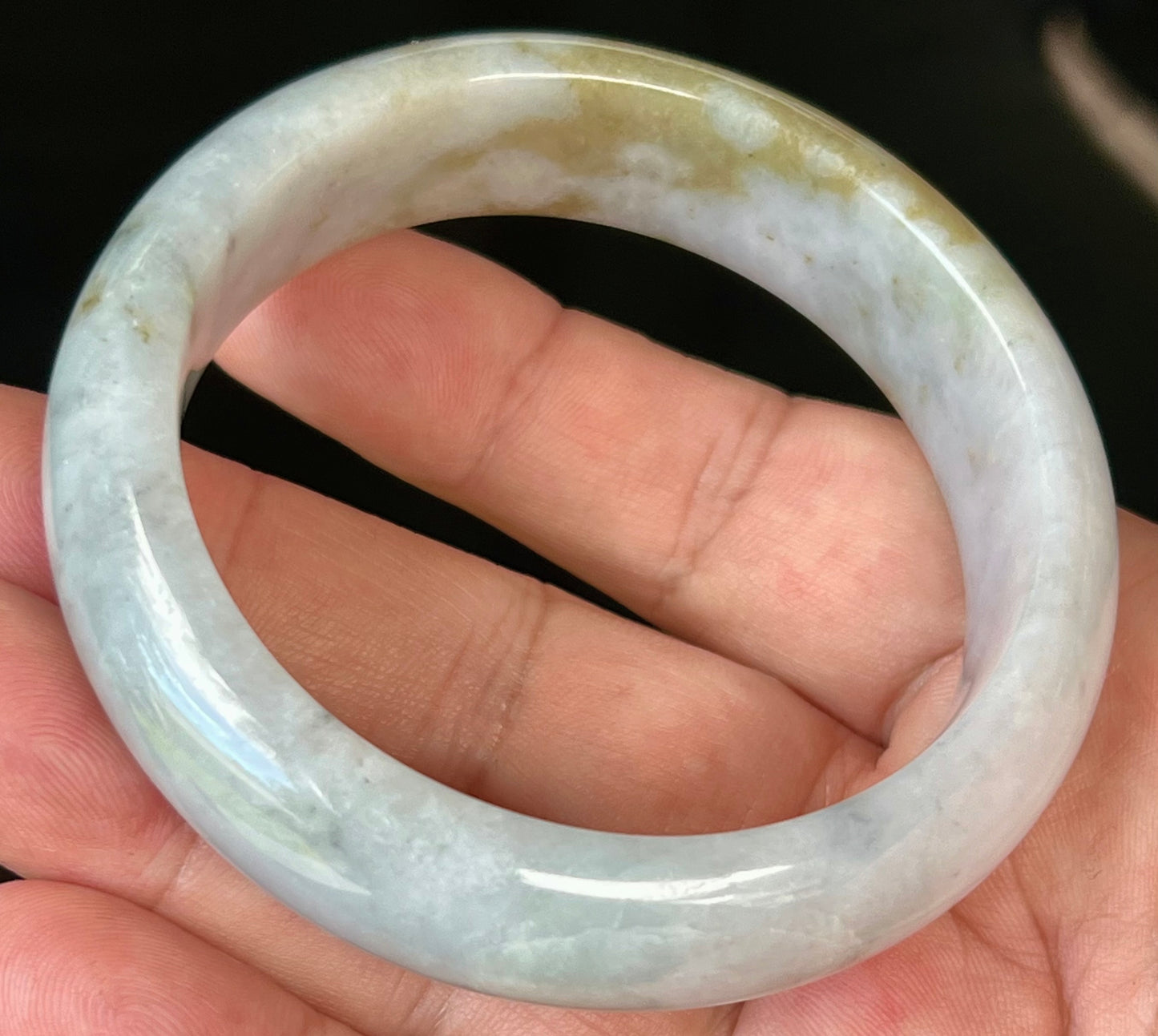 Natural Burmese Jadeite Jade Bangle – Icy Greyish Milky White with Moss Green and Honey Hues – 59mm – JB546