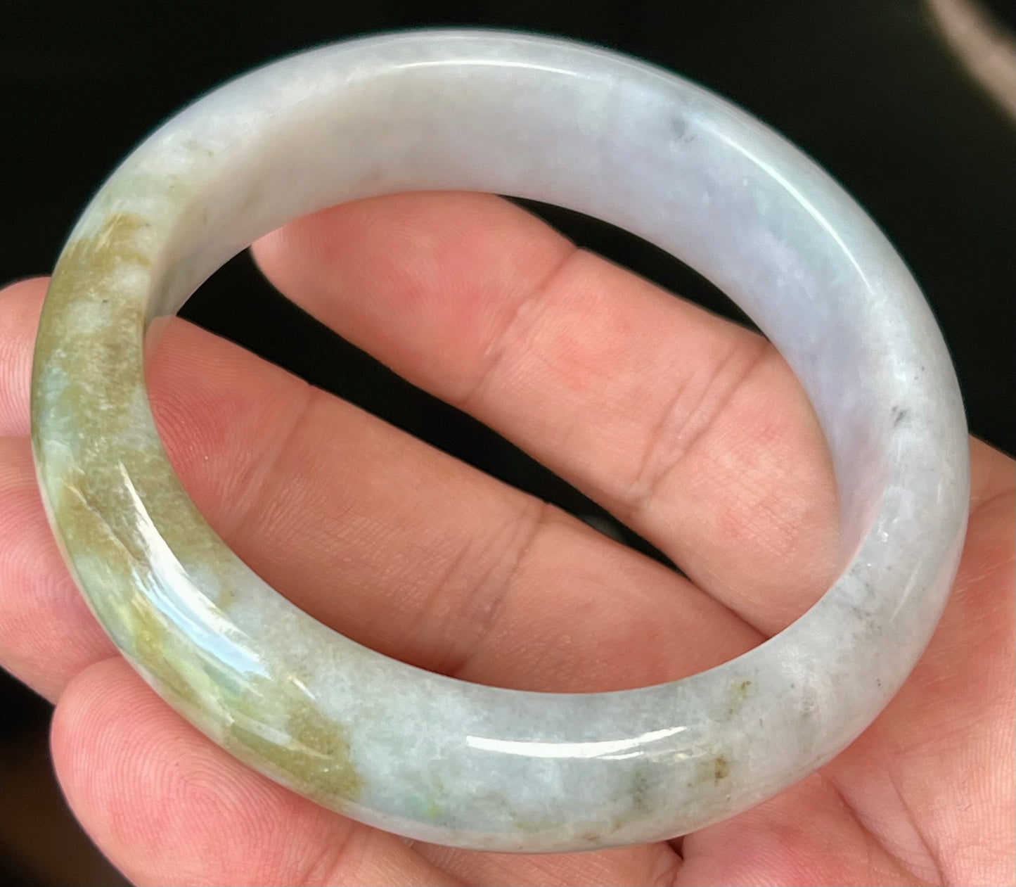 Natural Burmese Jadeite Jade Bangle – Icy Greyish Milky White with Moss Green and Honey Hues – 59mm – JB546