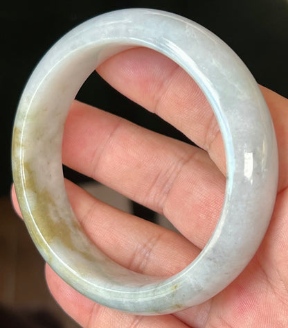 Natural Burmese Jadeite Jade Bangle – Icy Greyish Milky White with Moss Green and Honey Hues – 59mm – JB546